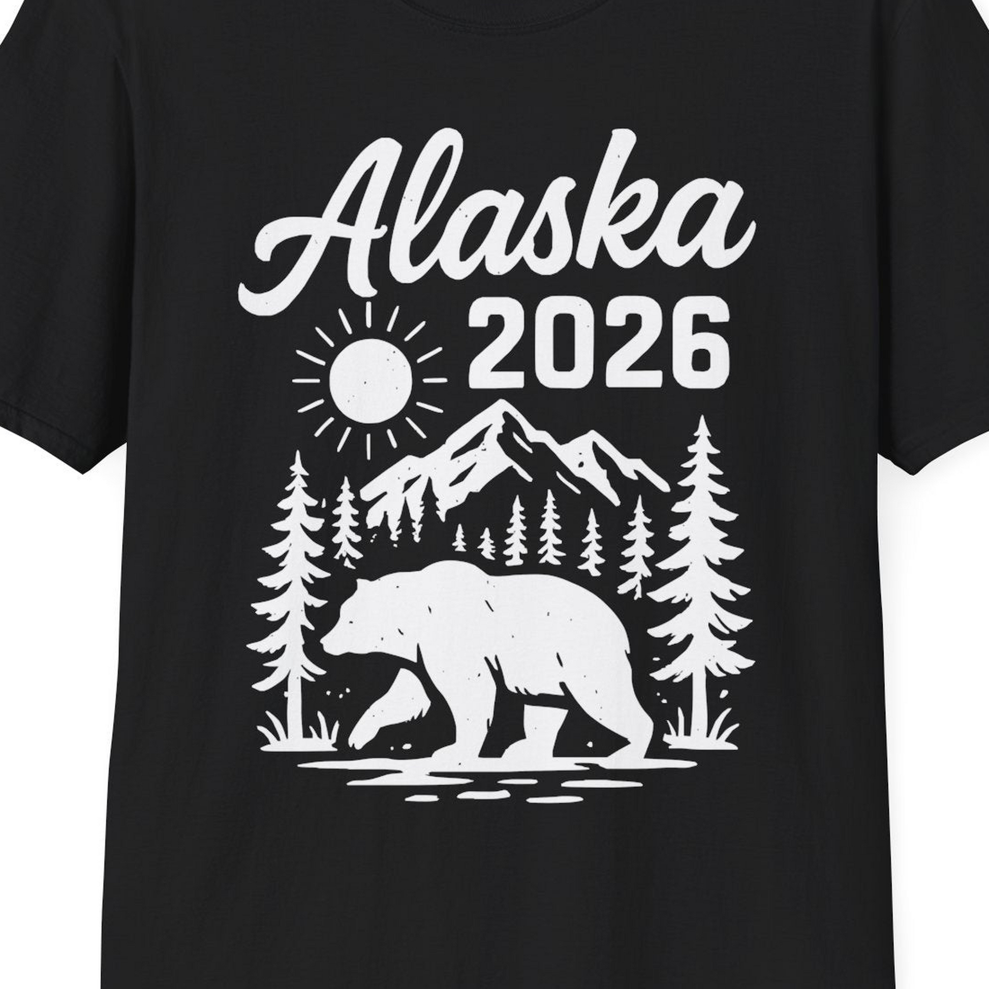 Alaska 2026 Bear and Mountains Nature Adventure Shirt — T-Shirt T-Shirt – Black – Alaska Cruise Shirts Close Up