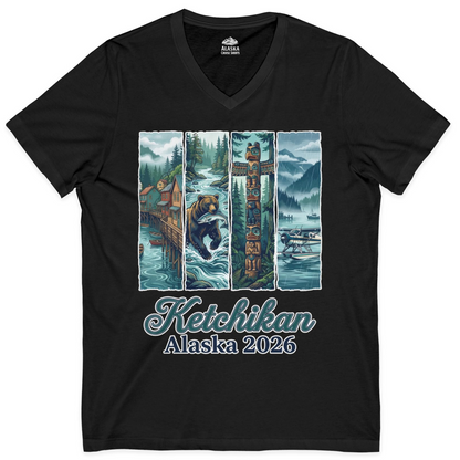 Ketchikan Alaska 2026 Scenic Nature and Totem Pole Art T-Shirt — V-Neck V-Neck Shirt – Alaska Cruise Shirts