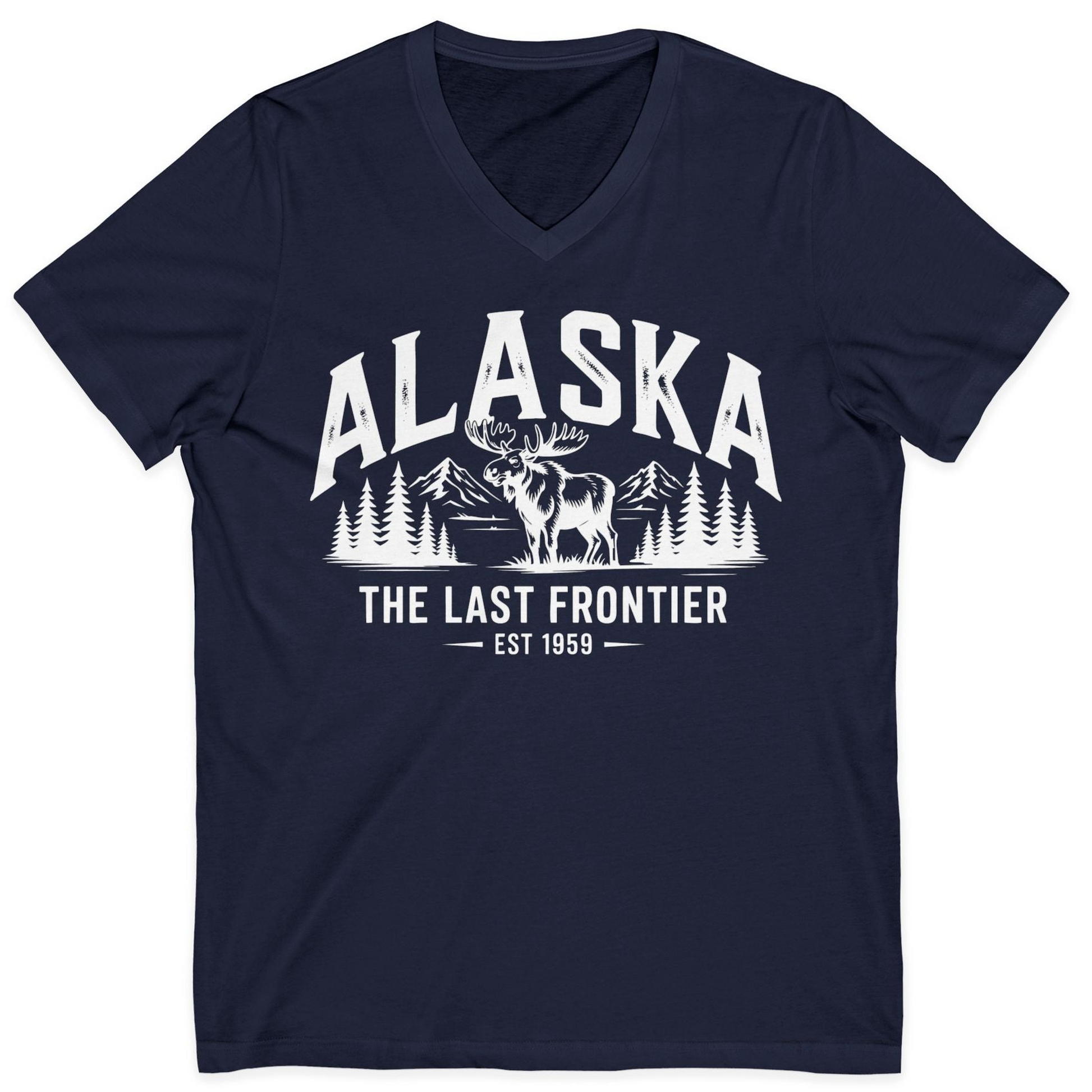 Alaska The Last Frontier Moose Mountain Wilderness Graphic Shirt — V-Neck V-Neck Shirt – Alaska Cruise Shirts