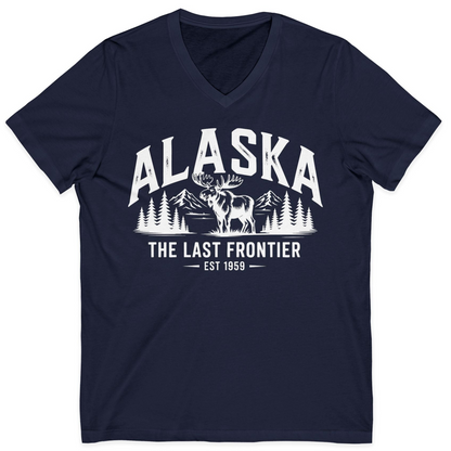 Alaska The Last Frontier Moose Mountain Wilderness Graphic Shirt — V-Neck V-Neck Shirt – Alaska Cruise Shirts