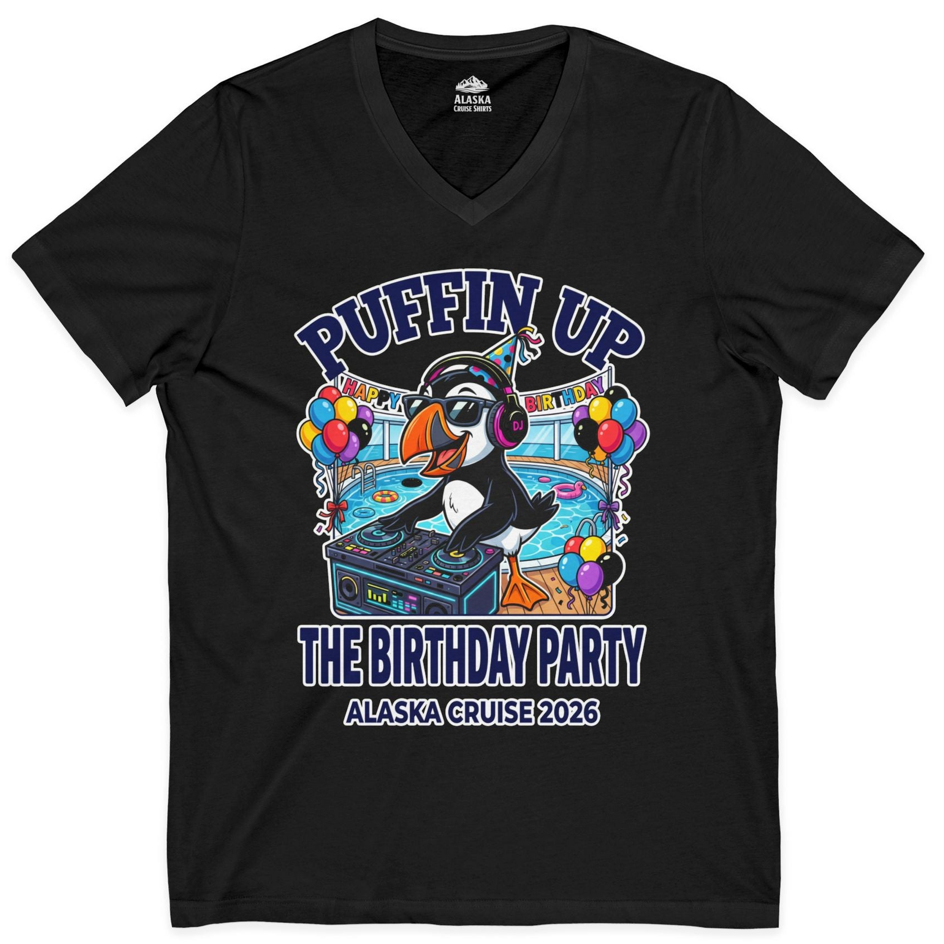 Funny Puffin DJ Birthday Party Alaska Cruise 2026 Shirt — V-Neck V-Neck Shirt – Alaska Cruise Shirts