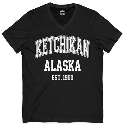 Ketchikan Alaska Collegiate Style Est 1900 Vintage Tee Shirt — V-Neck V-Neck Shirt – Alaska Cruise Shirts
