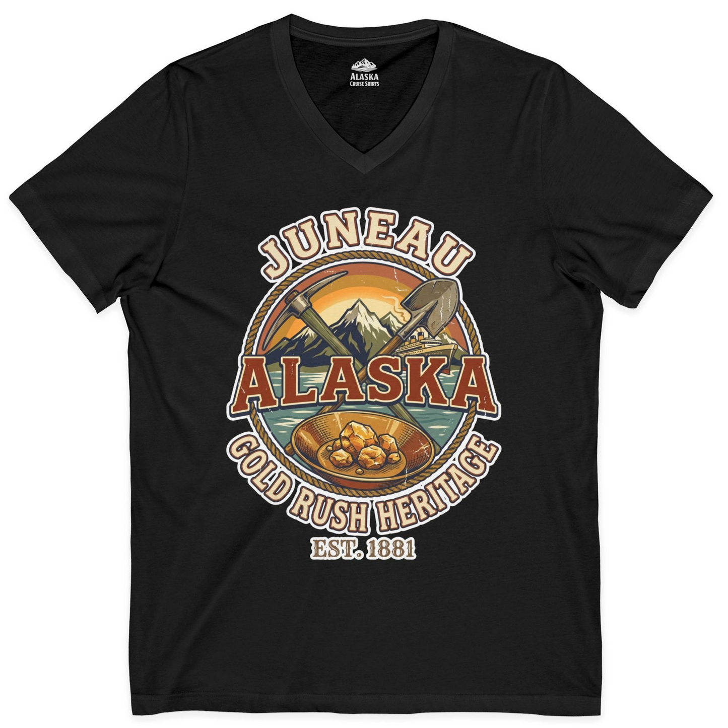Juneau Alaska Gold Rush Heritage Vintage Travel T-Shirt — V-Neck V-Neck Shirt – Alaska Cruise Shirts