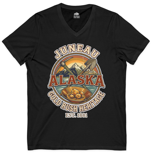 Juneau Alaska Gold Rush Heritage Vintage Travel T-Shirt — V-Neck V-Neck Shirt – Alaska Cruise Shirts