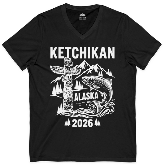 Ketchikan Alaska 2026 Totem Pole and Salmon Souvenir Shirt — V-Neck V-Neck Shirt – Alaska Cruise Shirts
