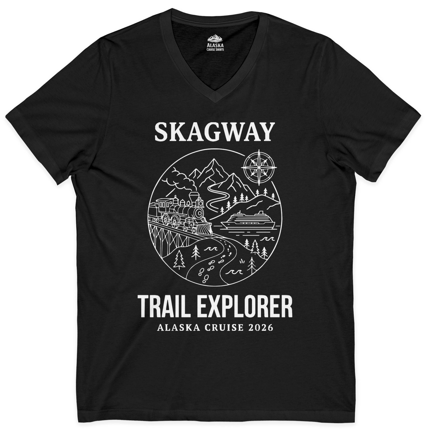 Skagway Trail Explorer Alaska Cruise Scenic Adventure Shirt — V-Neck V-Neck Shirt – Alaska Cruise Shirts