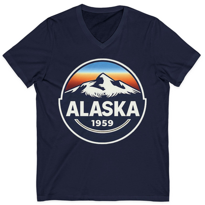 Alaska 1959 Retro Mountain Sunset Badge Shirt Vintage Statehood Tee — V-Neck V-Neck Shirt – Alaska Cruise Shirts