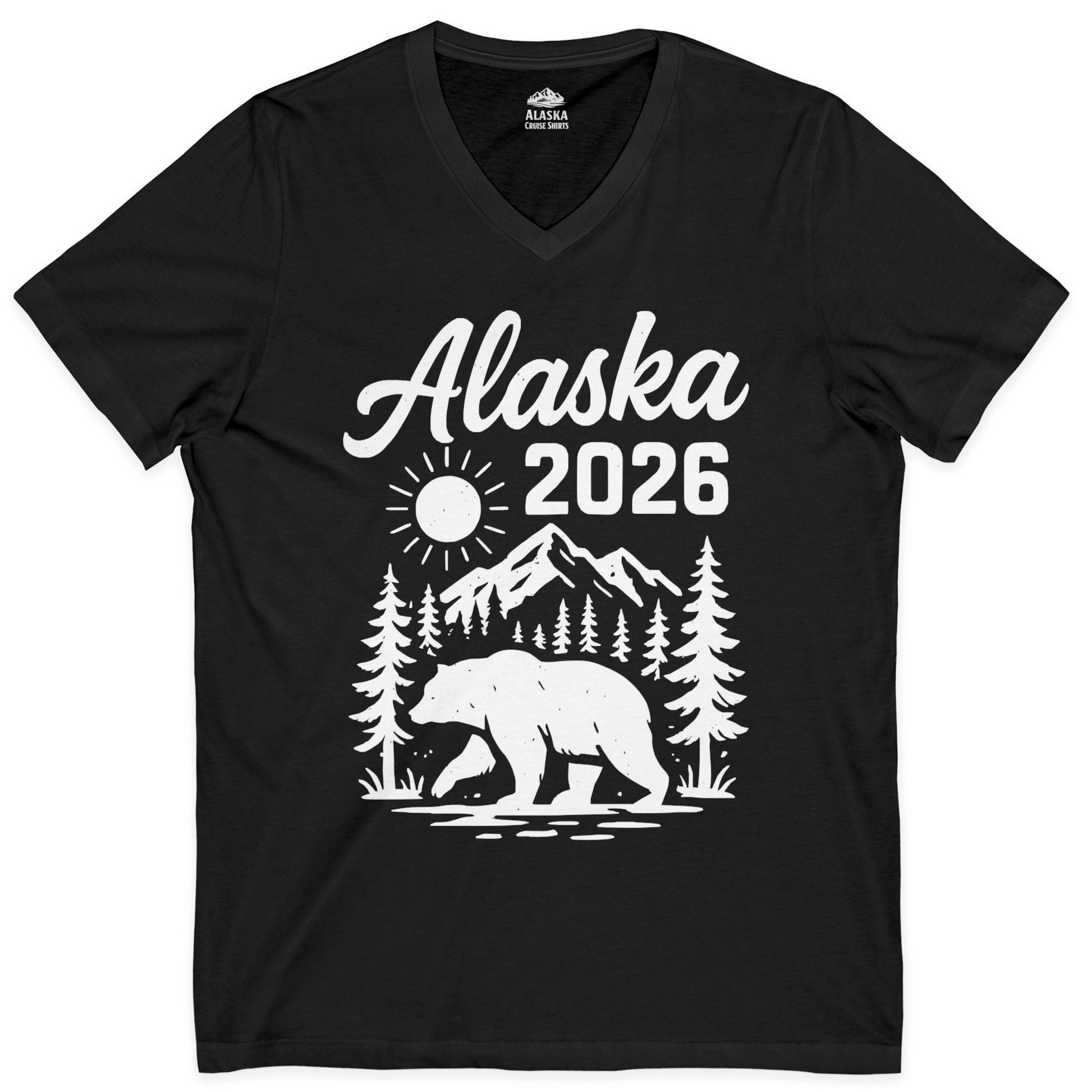 Alaska 2026 Bear and Mountains Nature Adventure Shirt — V-Neck V-Neck Shirt – Alaska Cruise Shirts
