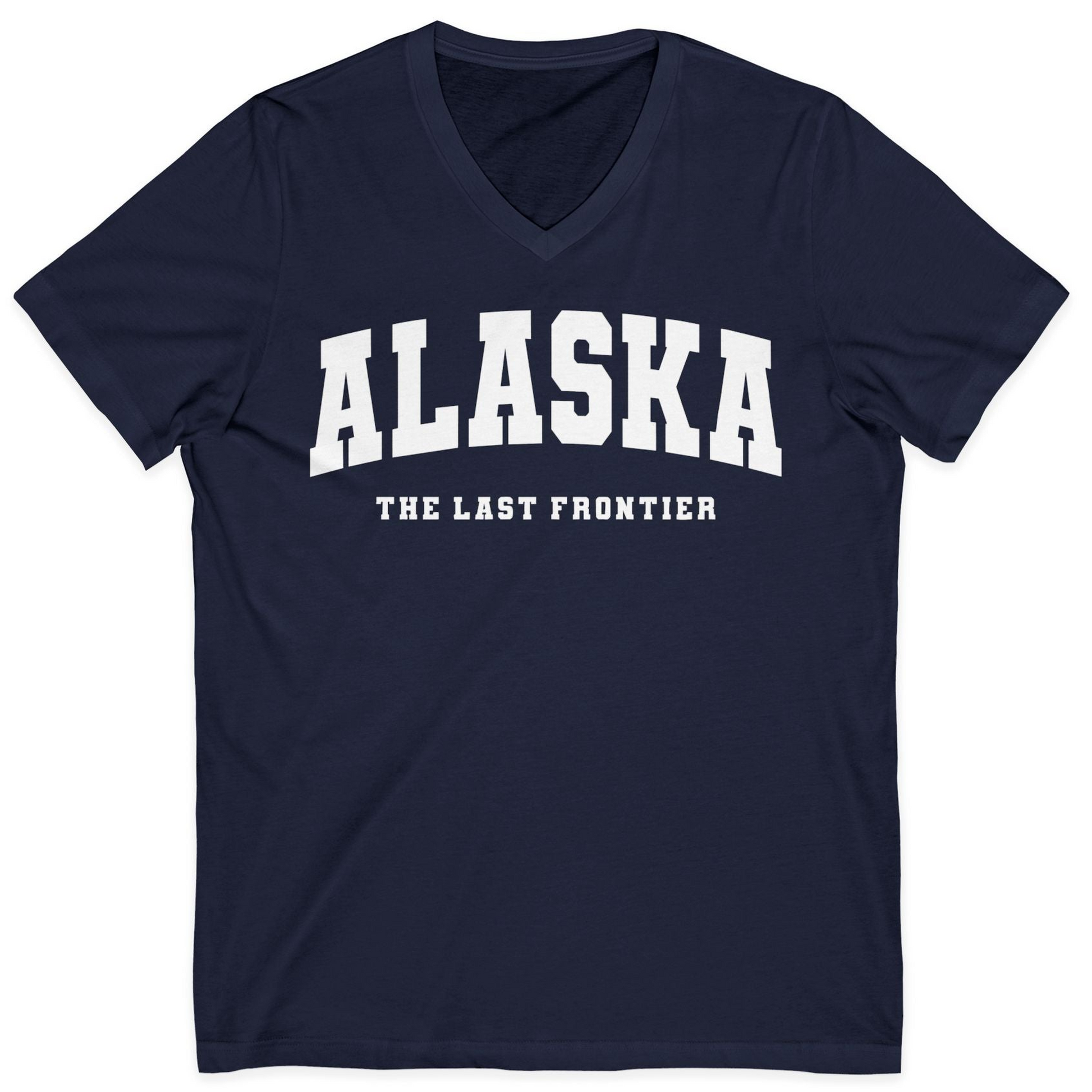 Alaska The Last Frontier Bold Collegiate Vintage State Pride Shirt — V-Neck V-Neck Shirt – Alaska Cruise Shirts