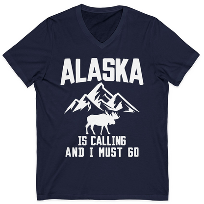 Alaska Is Calling Moose Mountains Adventure Silhouette Nature Shirt — V-Neck V-Neck Shirt – Alaska Cruise Shirts