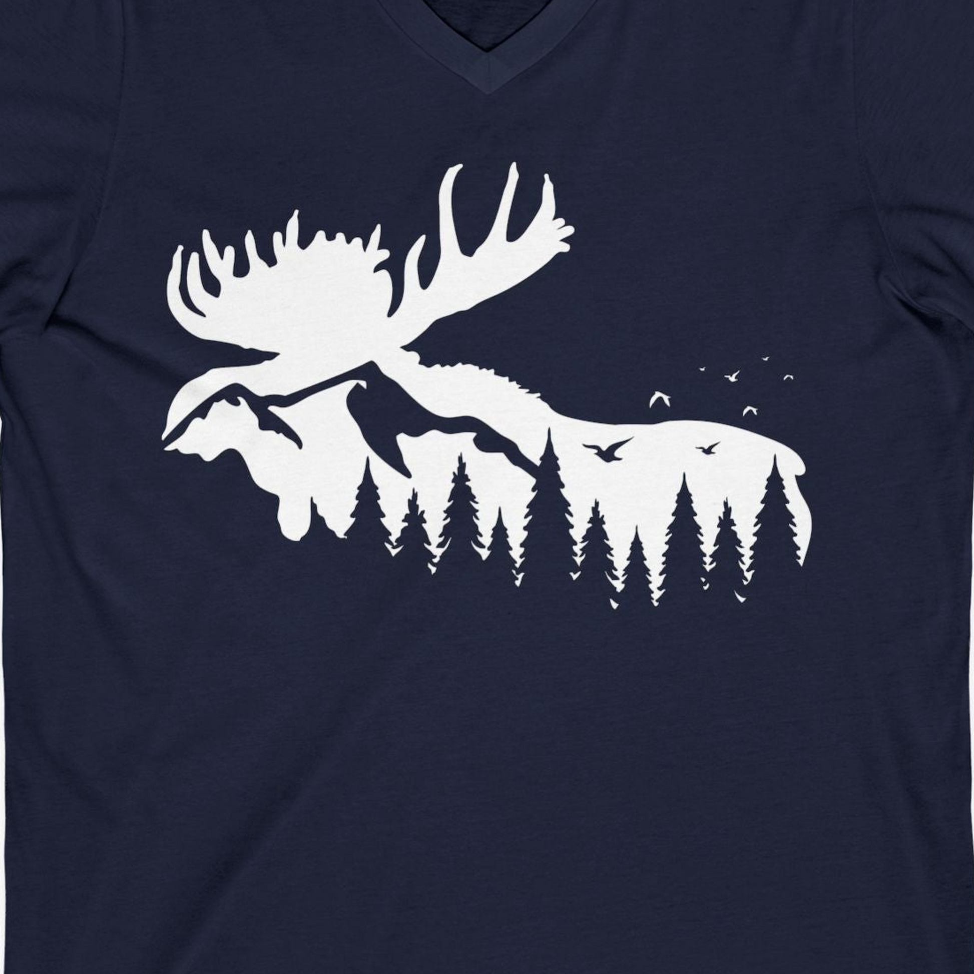 Moose Silhouette Forest Scene Shirt V-Neck Shirt – Alaska Cruise Shirts Close Up