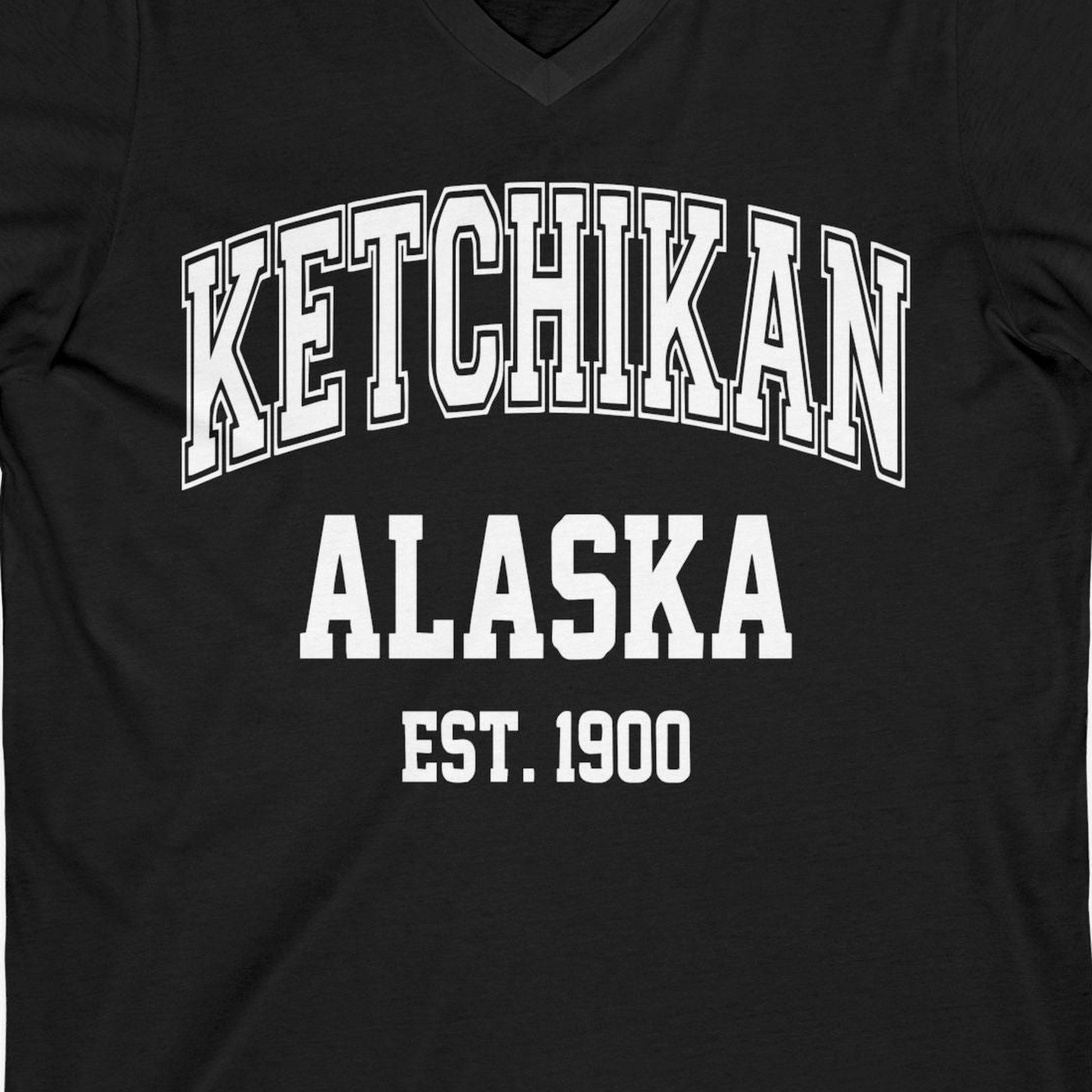 Ketchikan Alaska Collegiate Style Est 1900 Vintage Tee Shirt — V-Neck V-Neck Shirt – Alaska Cruise Shirts Close Up