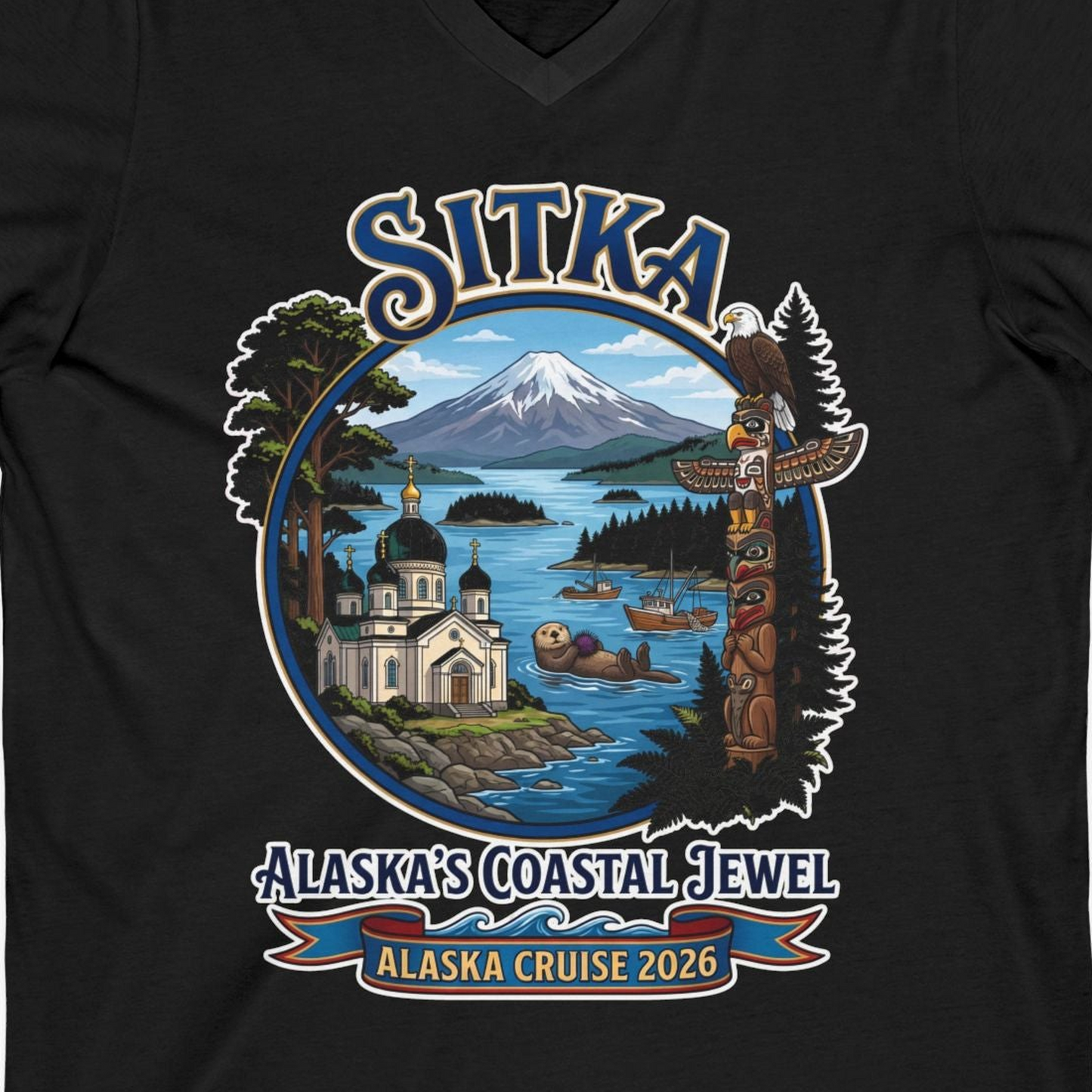 Sitka Alaska Cruise 2026 Alaska's Coastal Jewel Travel Souvenir Shirt — V-Neck V-Neck Shirt – Alaska Cruise Shirts Close Up