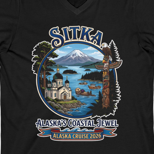 Sitka Alaska Cruise 2026 Alaska's Coastal Jewel Travel Souvenir Shirt — V-Neck V-Neck Shirt – Alaska Cruise Shirts Close Up