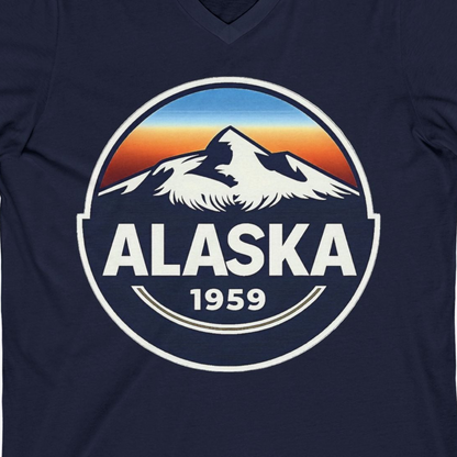 Alaska 1959 Retro Mountain Sunset Badge Shirt Vintage Statehood Tee — V-Neck V-Neck Shirt – Alaska Cruise Shirts Close Up