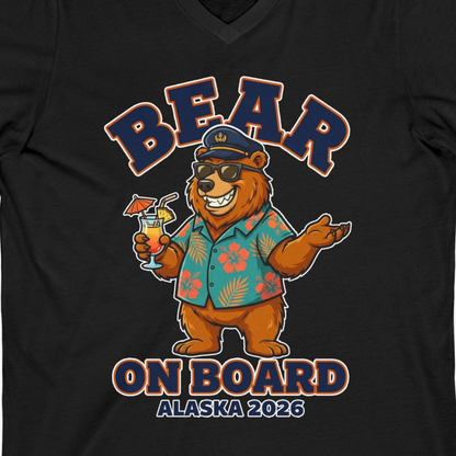 Bear On Board Alaska 2026 Funny Tropical Cruise T-Shirt — V-Neck V-Neck Shirt – Alaska Cruise Shirts Close Up