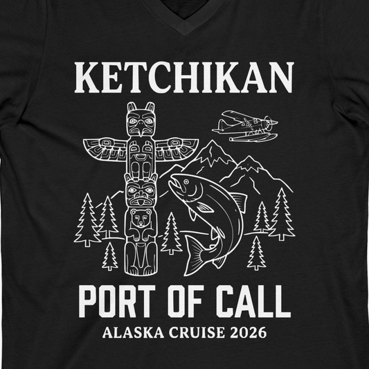 Ketchikan Alaska Cruise Port of Call Totem Wildlife Adventure Shirt — V-Neck V-Neck Shirt – Alaska Cruise Shirts Close Up