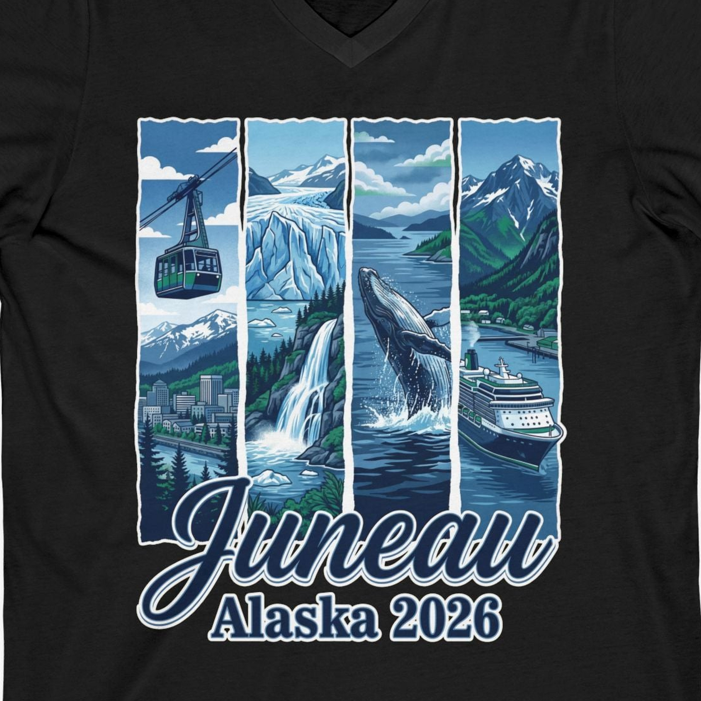 Juneau Alaska 2026 Cruise and Nature Souvenir Shirt — V-Neck V-Neck Shirt – Alaska Cruise Shirts Close Up