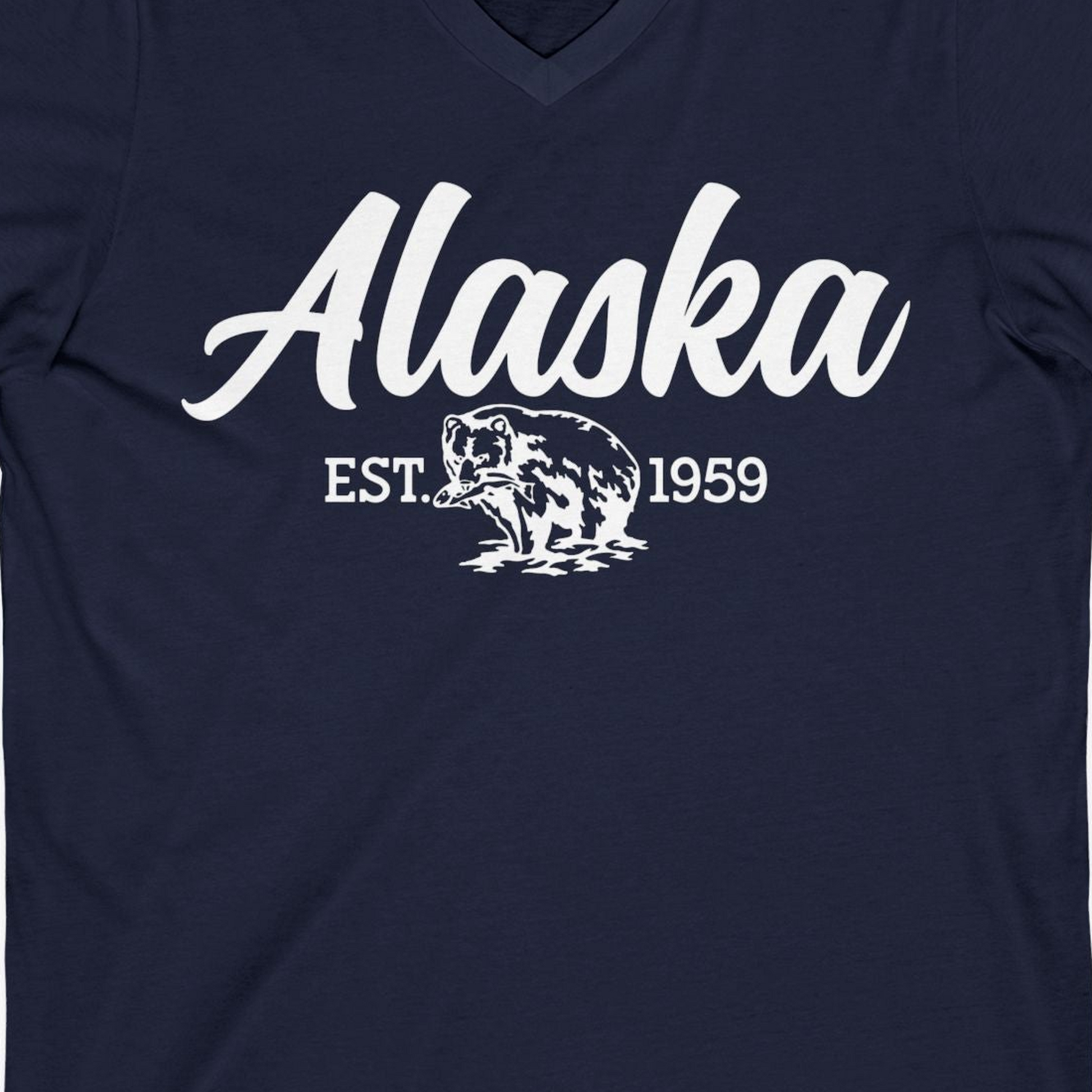 Alaska Bear Est 1959 Vintage Wildlife Graphic Monochrome Shirt — V-Neck V-Neck Shirt – Alaska Cruise Shirts Close Up
