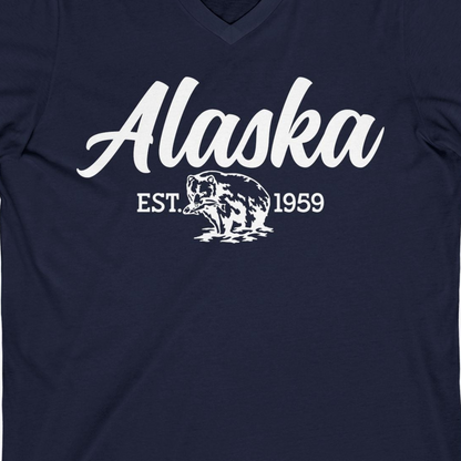 Alaska Bear Est 1959 Vintage Wildlife Graphic Monochrome Shirt — V-Neck V-Neck Shirt – Alaska Cruise Shirts Close Up