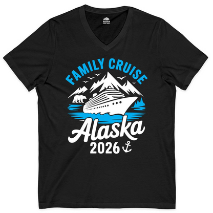 Alaska Family Cruise Shirt 2026 Mountains Wildlife Adventure Tee — V-Neck V-Neck Shirt – Alaska Cruise Shirts Close Up