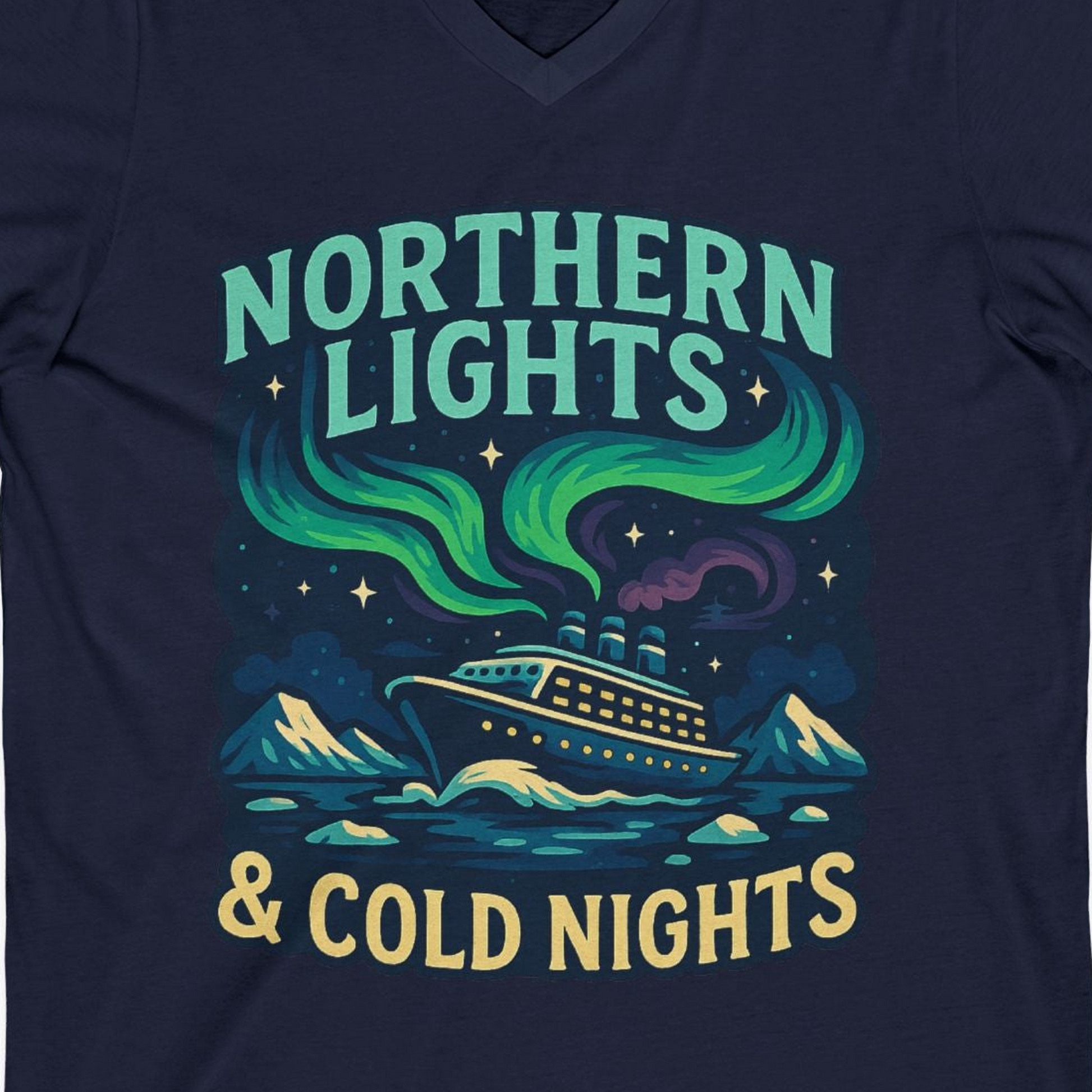 Northern Lights Alaska Cruise Ship Night Adventure Travel Shirt — V-Neck V-Neck Shirt – Alaska Cruise Shirts Close Up