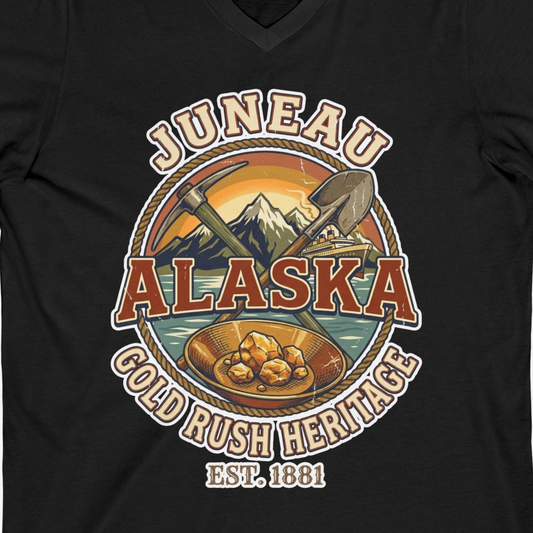 Juneau Alaska Gold Rush Heritage Vintage Travel T-Shirt — V-Neck V-Neck Shirt – Alaska Cruise Shirts Close Up
