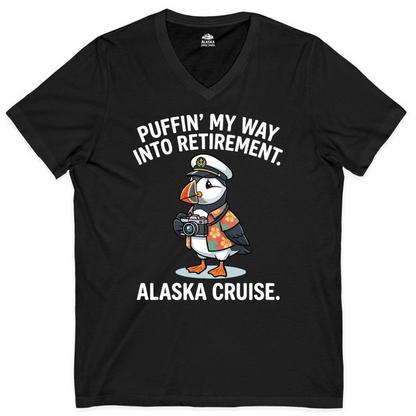 Puffin Cartoon Retirement Alaska Cruise Shirt V-Neck Shirt – Alaska Cruise Shirts Close Up