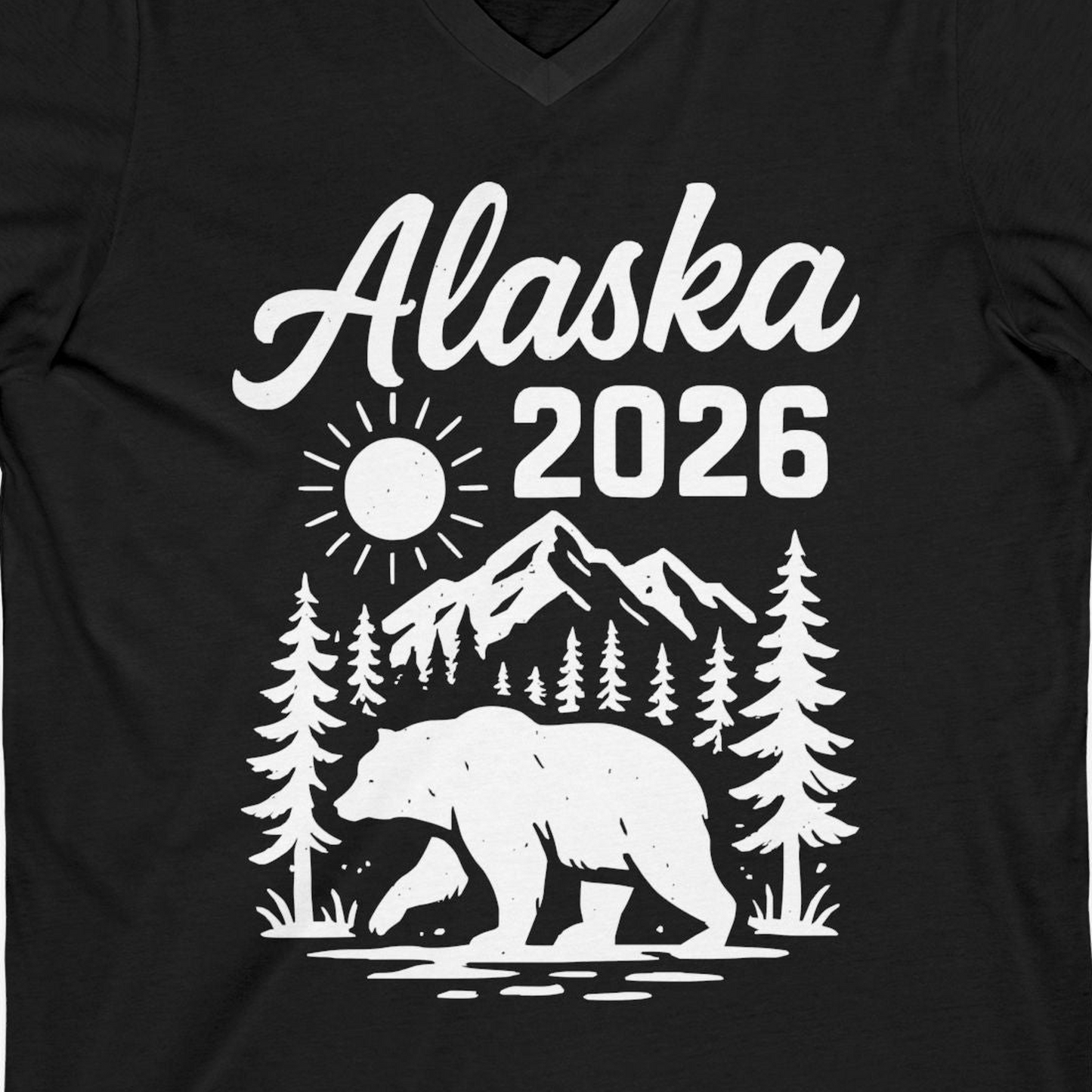 Alaska 2026 Bear and Mountains Nature Adventure Shirt — V-Neck V-Neck Shirt – Alaska Cruise Shirts Close Up