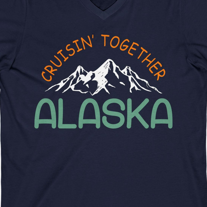 Cruisin Together Alaska Mountain Adventure Cruise Graphic Shirt — V-Neck V-Neck Shirt – Alaska Cruise Shirts Close Up