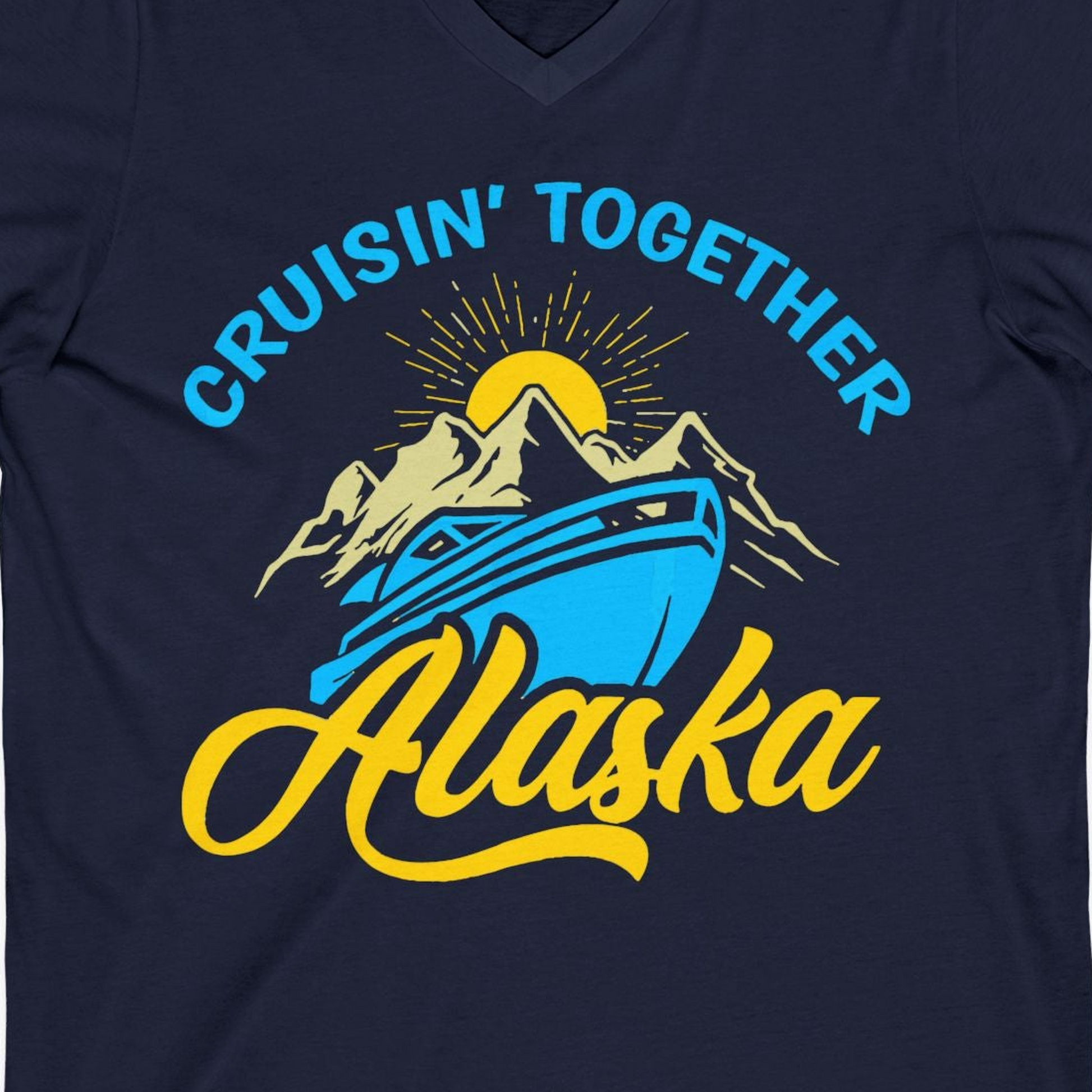 Alaska Cruise Adventure Mountains Sunrise Retro Shirt for Travelers — V-Neck V-Neck Shirt – Alaska Cruise Shirts Close Up