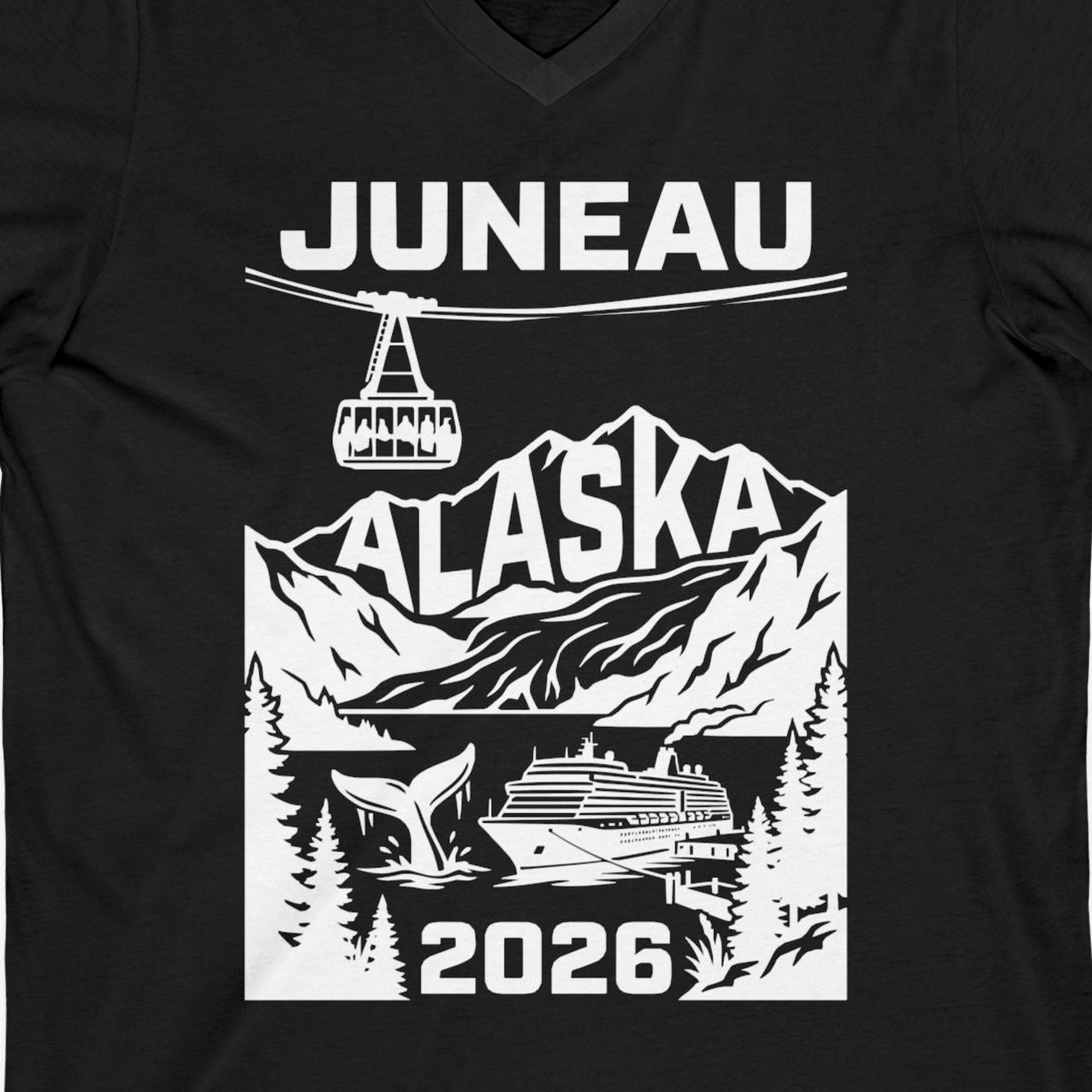 Juneau Alaska Cruise 2026 Scenic Whale and Cable Car Shirt — V-Neck V-Neck Shirt – Alaska Cruise Shirts Close Up