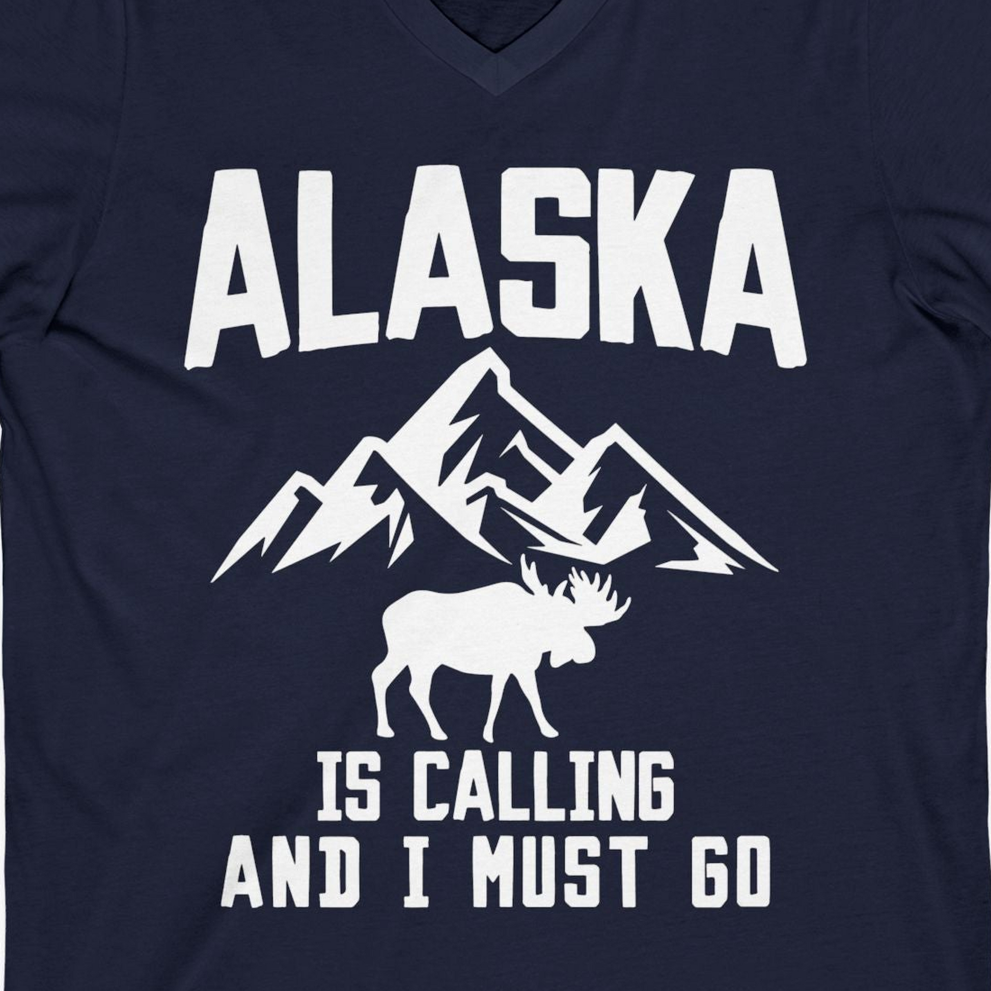 Alaska Is Calling Moose Mountains Adventure Silhouette Nature Shirt — V-Neck V-Neck Shirt – Alaska Cruise Shirts Close Up