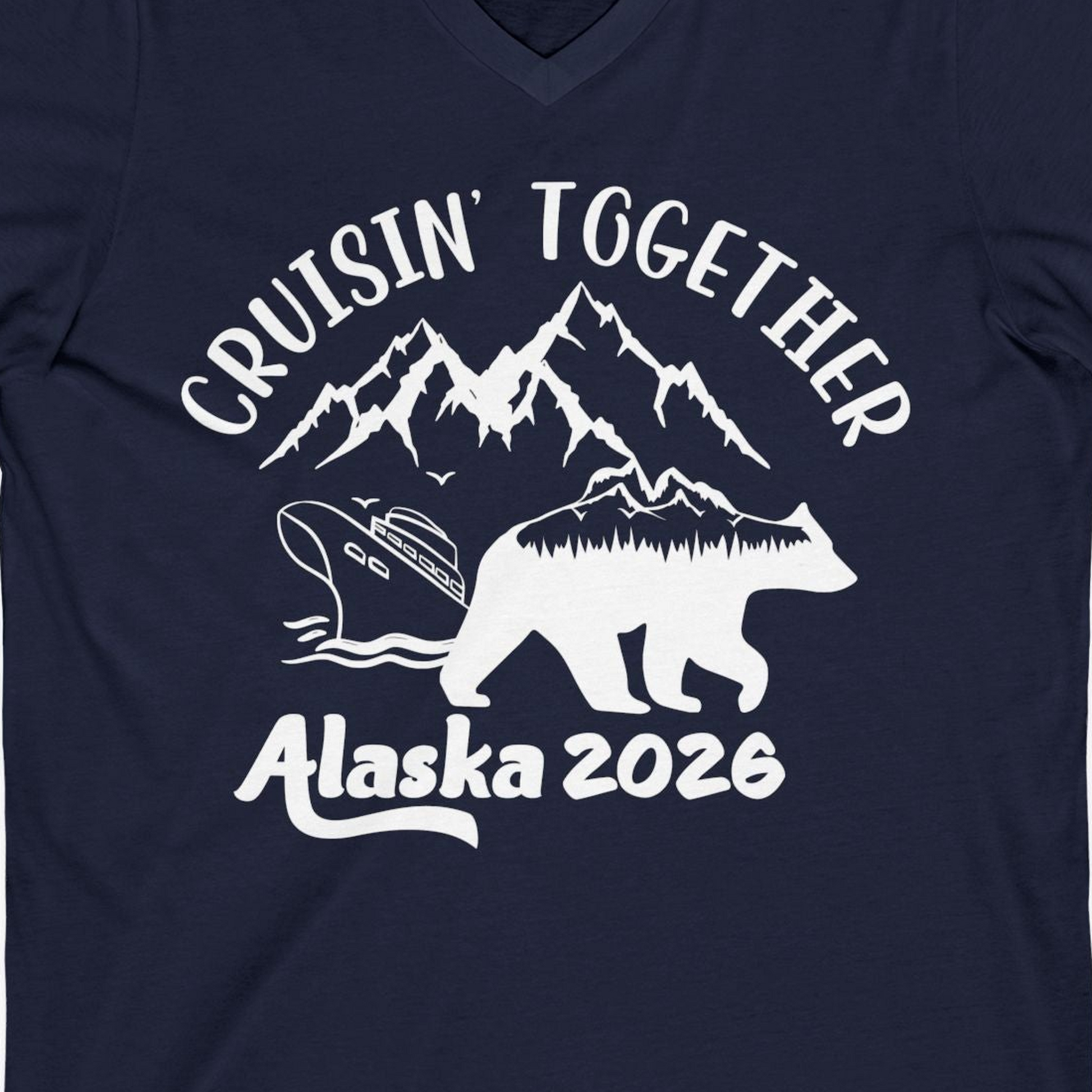 Cruisin Together Alaska 2026 Bear Mountain Group Cruise Shirt — V-Neck V-Neck Shirt – Alaska Cruise Shirts Close Up
