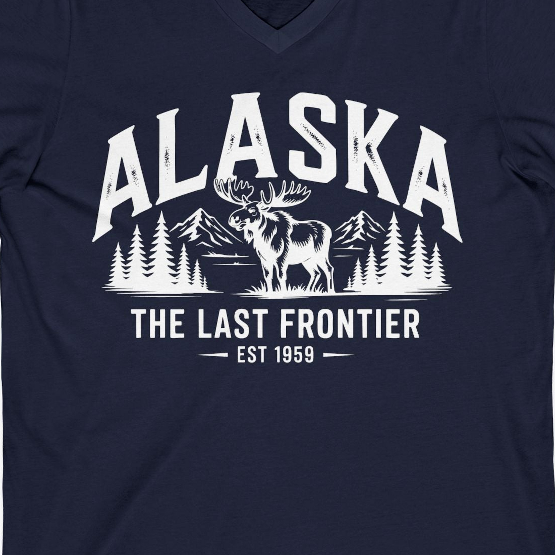 Alaska The Last Frontier Moose Mountain Wilderness Graphic Shirt — V-Neck V-Neck Shirt – Alaska Cruise Shirts Close Up