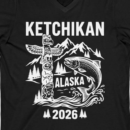 Ketchikan Alaska 2026 Totem Pole and Salmon Souvenir Shirt — V-Neck V-Neck Shirt – Alaska Cruise Shirts Close Up