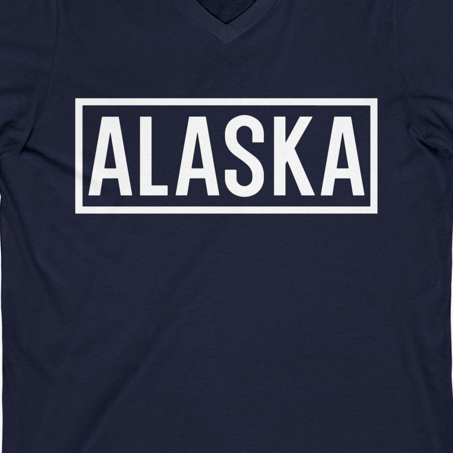 Alaska Bold Text Minimalist Monochrome Graphic Shirt for Travelers — V-Neck V-Neck Shirt – Alaska Cruise Shirts Close Up