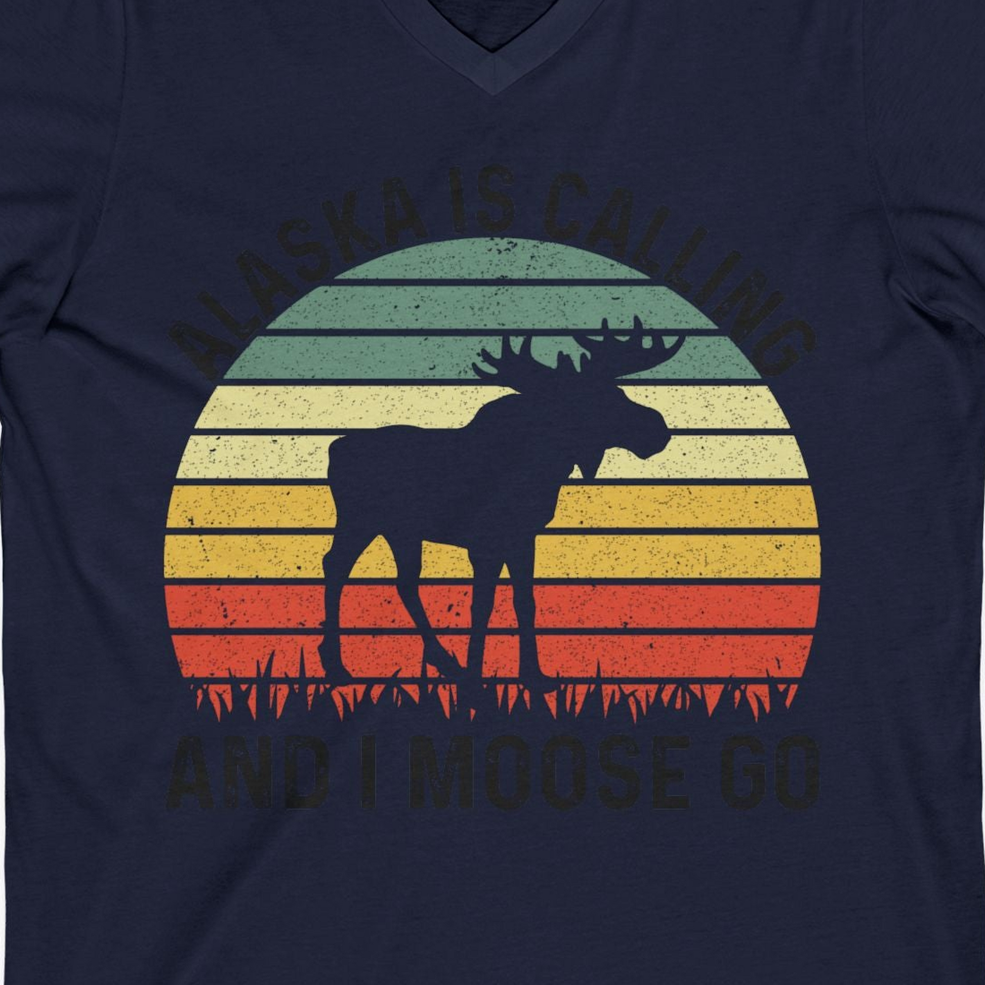 Alaska Is Calling And I Moose Go Retro Sunset Moose Graphic Shirt — V-Neck V-Neck Shirt – Alaska Cruise Shirts Close Up