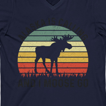 Alaska Is Calling And I Moose Go Retro Sunset Moose Graphic Shirt — V-Neck V-Neck Shirt – Alaska Cruise Shirts Close Up