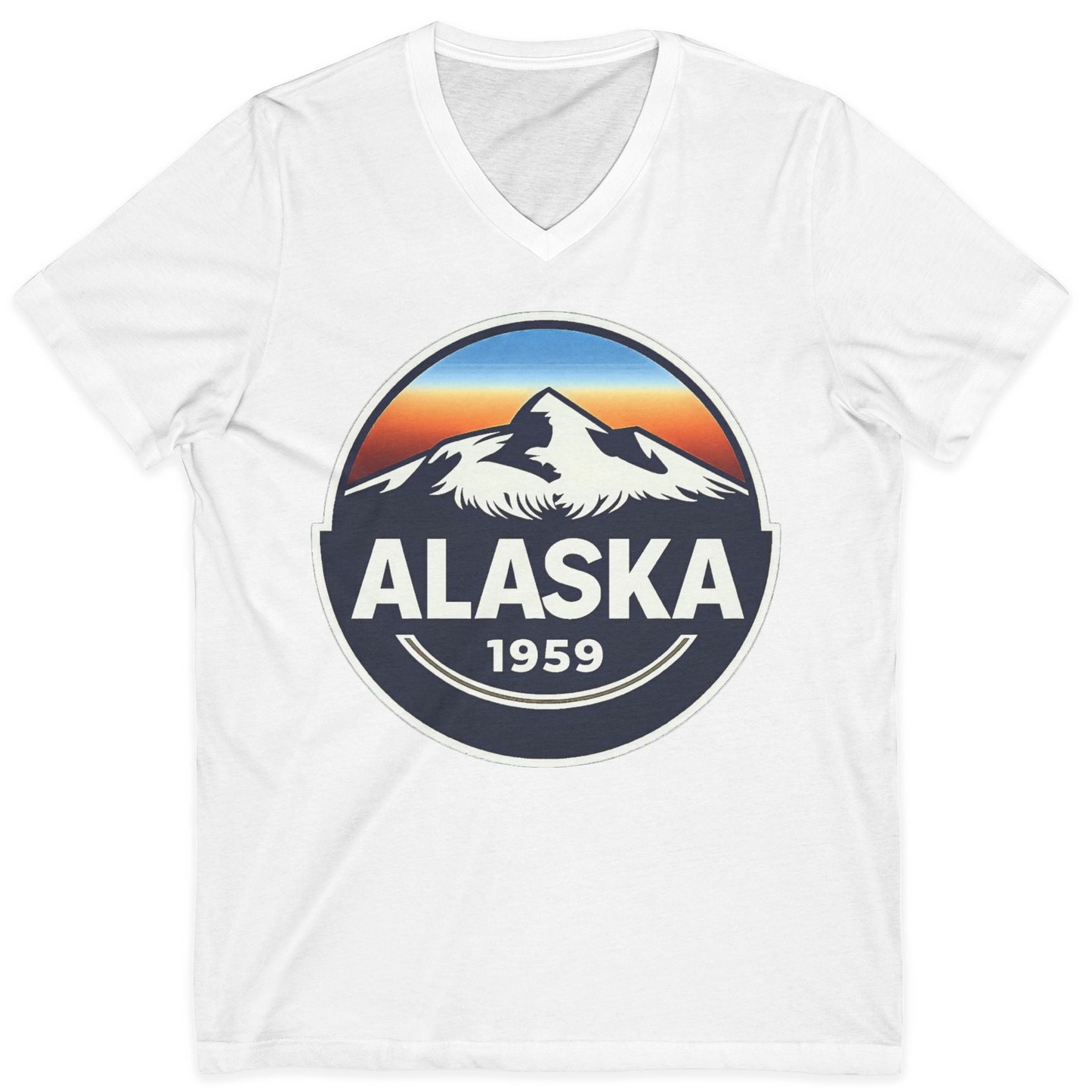 Alaska 1959 Retro Mountain Sunset Badge Shirt Vintage Statehood Tee — V-Neck V-Neck Shirt – White – Alaska Cruise Shirts