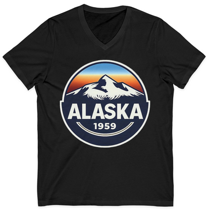 Alaska 1959 Retro Mountain Sunset Badge Shirt Vintage Statehood Tee — V-Neck V-Neck Shirt – Black – Alaska Cruise Shirts