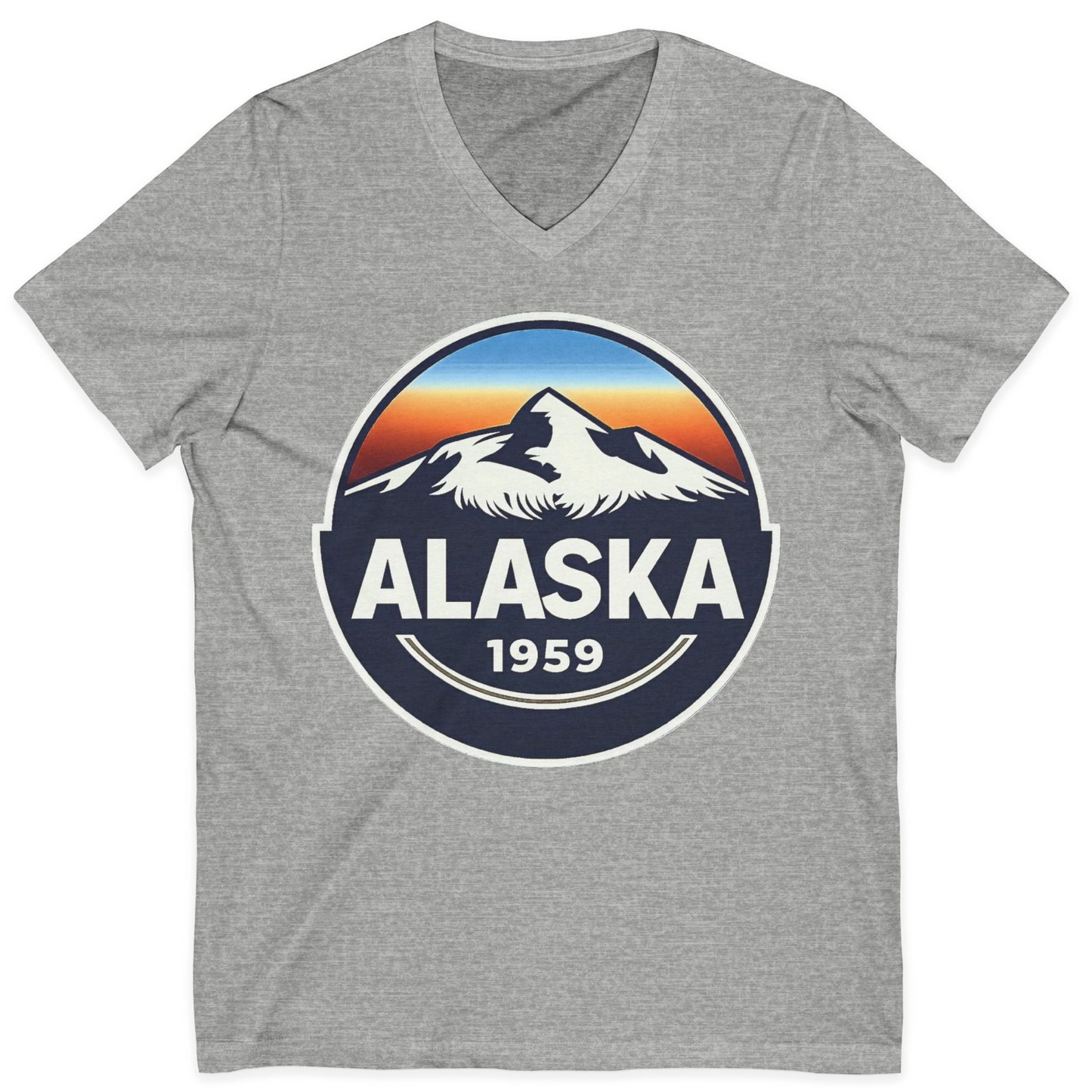 Alaska 1959 Retro Mountain Sunset Badge Shirt Vintage Statehood Tee — V-Neck V-Neck Shirt – Athletic Heather – Alaska Cruise Shirts