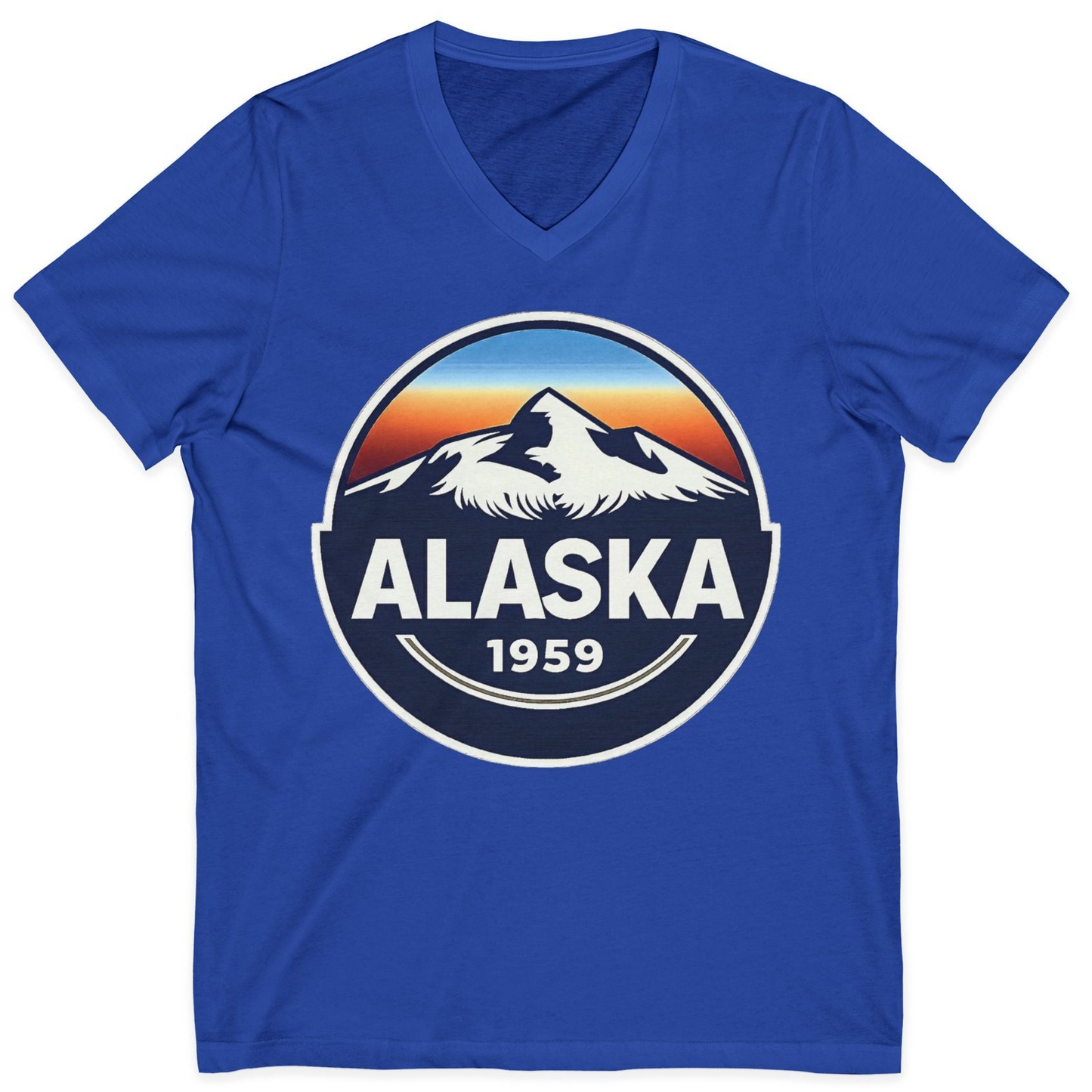 Alaska 1959 Retro Mountain Sunset Badge Shirt Vintage Statehood Tee — V-Neck V-Neck Shirt – True Royal – Alaska Cruise Shirts