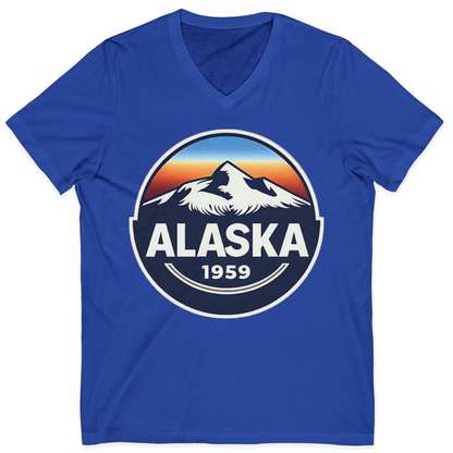 Alaska 1959 Retro Mountain Sunset Badge Shirt Vintage Statehood Tee — V-Neck V-Neck Shirt – True Royal – Alaska Cruise Shirts