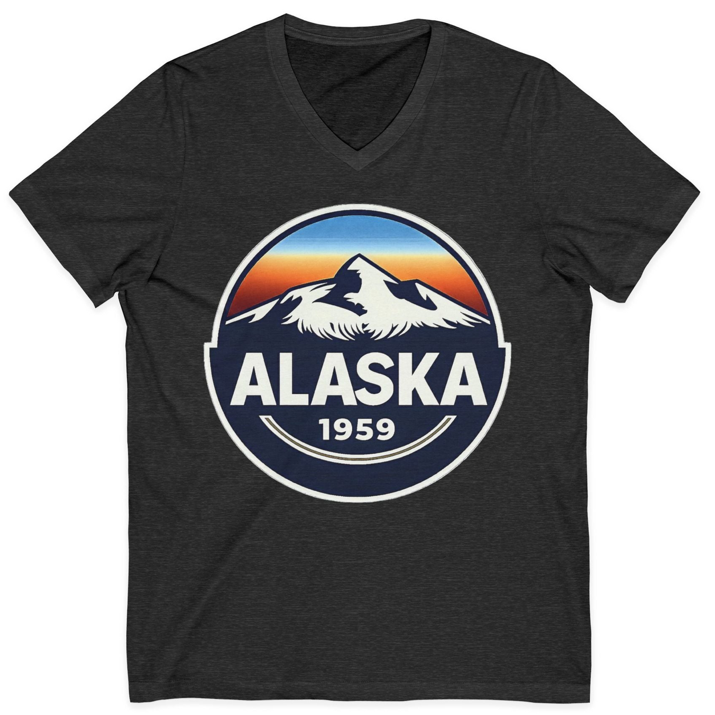 Alaska 1959 Retro Mountain Sunset Badge Shirt Vintage Statehood Tee — V-Neck V-Neck Shirt – Dark Grey Heather – Alaska Cruise Shirts