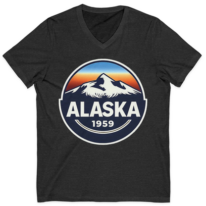 Alaska 1959 Retro Mountain Sunset Badge Shirt Vintage Statehood Tee — V-Neck V-Neck Shirt – Dark Grey Heather – Alaska Cruise Shirts
