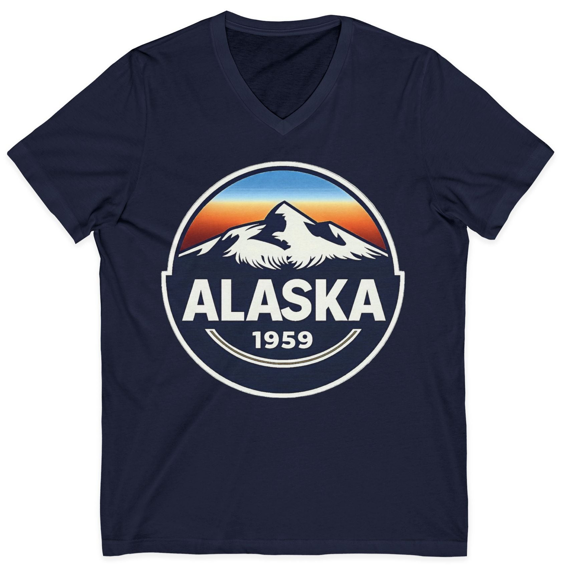 Alaska 1959 Retro Mountain Sunset Badge Shirt Vintage Statehood Tee — V-Neck V-Neck Shirt – Navy – Alaska Cruise Shirts