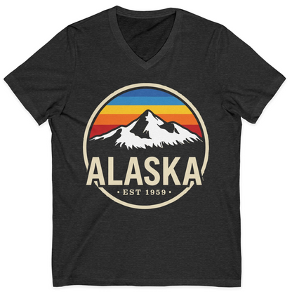Alaska Vintage Mountain Sunset Shirt V-Neck Shirt – Dark Grey Heather – Alaska Cruise Shirts