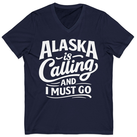 Alaska Is Calling Adventure Typography Shirt V-Neck Shirt – Navy – Alaska Cruise Shirts