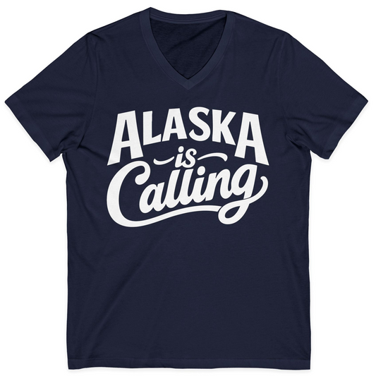 Alaska Is Calling Shirt V-Neck Shirt – Navy – Alaska Cruise Shirts